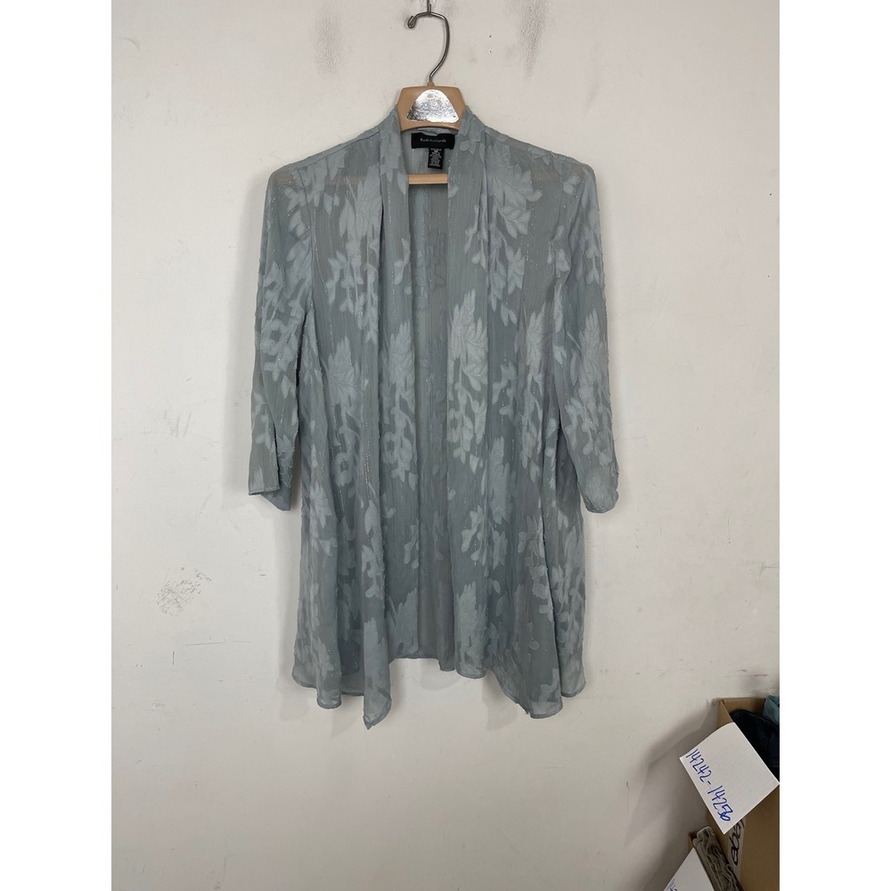 R&M Richards Womens Size 10 Floral Burnout Metallic Open Front Sheer Jacket Blue